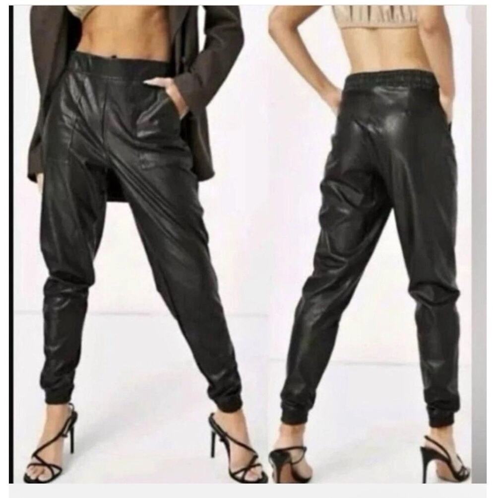 SPANX Jogger Pants Womens Medium Black Vegan Leather Pull On High Rise Pockets